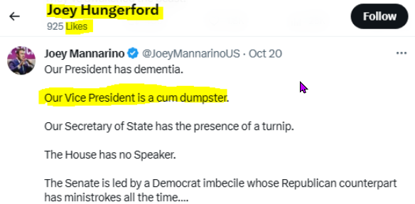 Let us introduce you to @joey_hungerford former staffer for @RepBoebert/@laurenboebert He agrees that the @VP is a 'cum dumpster'.