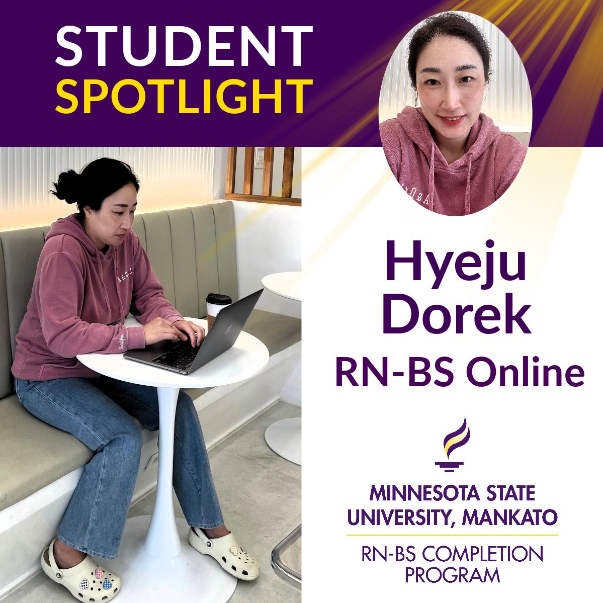 Meet Hyeju Dorek, a <a href="/MNSUMankato/">Minnesota State Mankato</a> #RNtoBSN online student, currently living in Andong, South Korea! > Hyeju’s experience with the online degree completion program: ahn.mnsu.edu/rntobs_testimo…
> Enroll: ahn.mnsu.edu/rntobs
#MNSUNursing #crocsrock