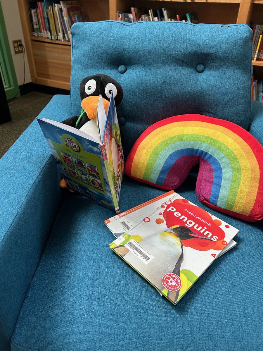Caught Jiji relaxing in the library learning a few Penguin facts about himself. 
Jiji will share some books with our first.  graders tomorrow
#STMATHMA