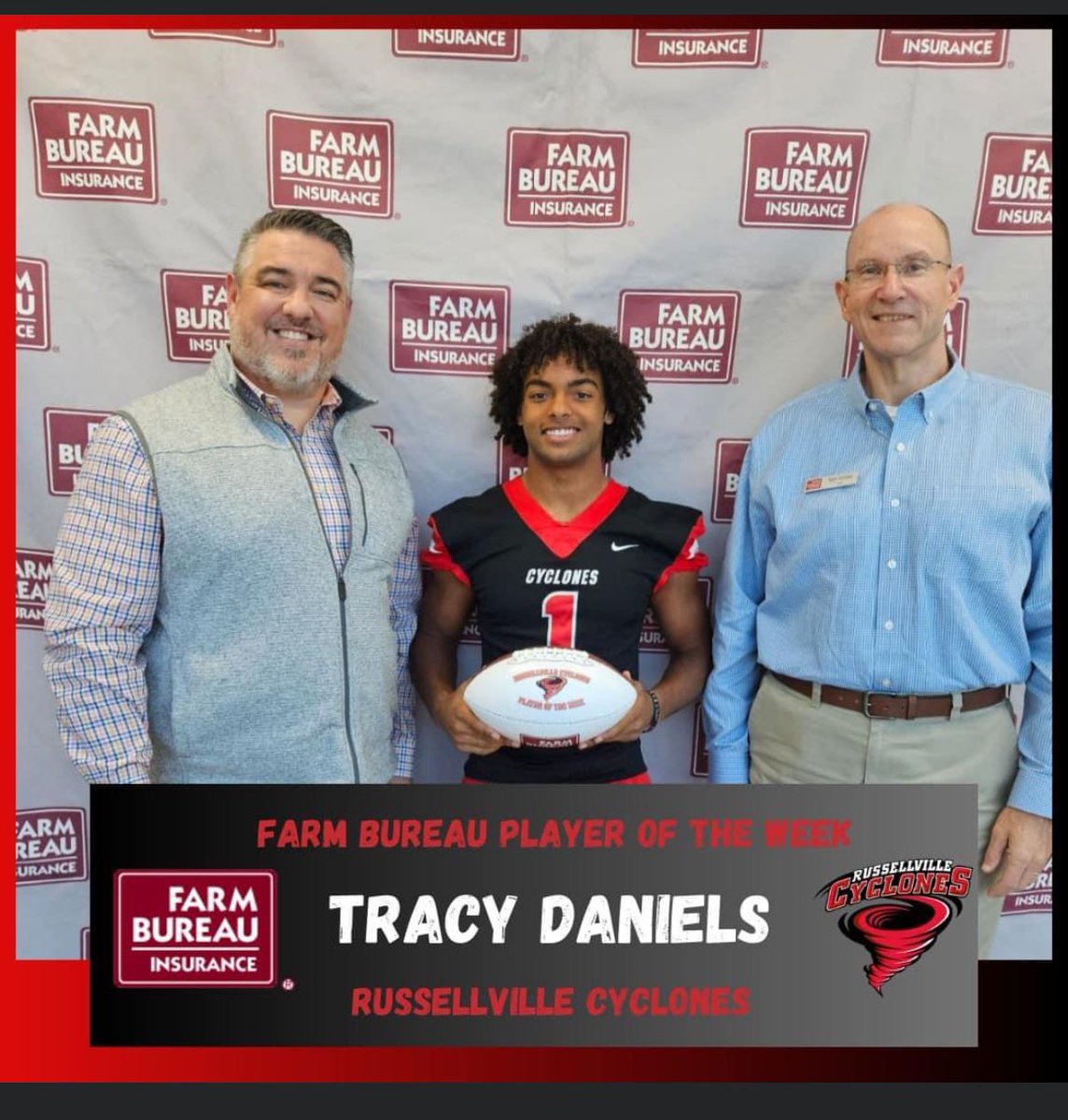 RussCycloneFB's tweet photo. Congratulations to Russellville High School’s Tracy Daniels for being named Farm Bureau Insurance Player of the Week! Tracy became the All Time leading rusher in the history of Cyclone football in the win over Lake Hamilton! https://t.co/jXOXf5gdZ8