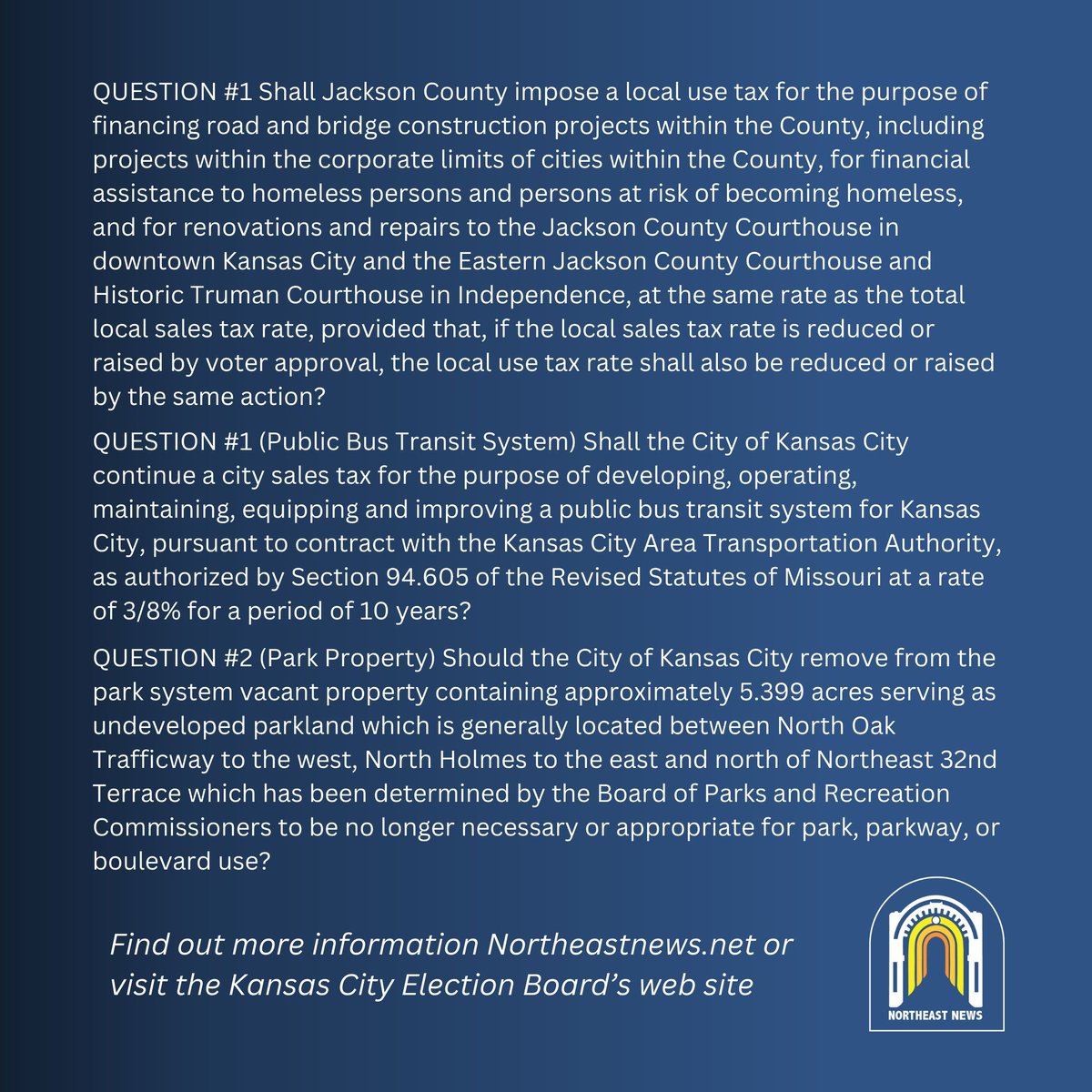 NortheastNewsKC's tweet photo. 🗳️ On Tuesday November 7th, voters in Jackson County and Kansas City, MO
will go to the polls to vote on three questions involving sales taxes and park land 

📰 Read the full story 👇 
https://t.co/Scr7ruTFNZ https://t.co/6hLPecKGY9
