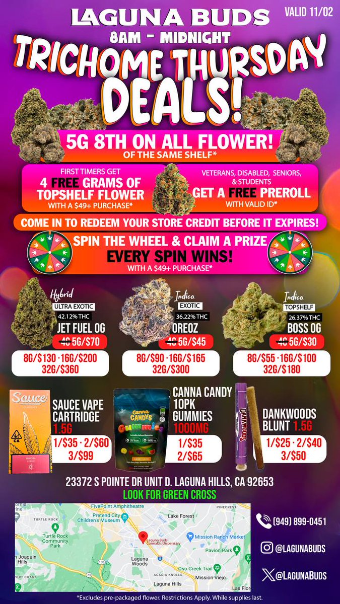LagunaBuds's tweet photo. 🤩🍭Trichome Thursday Deals! 🍭🤩

Follow us for more daily deals!😝

Laguna Buds🪬
8 AM - 12 midnight

📍23372 S Pointe Dr., Unit D Laguna Hills, CA 92653
☎️ (949) 899-0451 https://t.co/ynsW0yBOkR