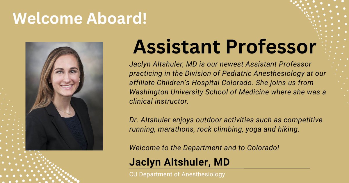Thrilled to announce Jaclyn Altshuler, MD as the newest member of our Division of Pediatric Anesthesia. Please help us give her a warm welcome! We're so happy she chose to find herself in Colorado! #pedsanes #anesthesiology #pediatricmedicine
