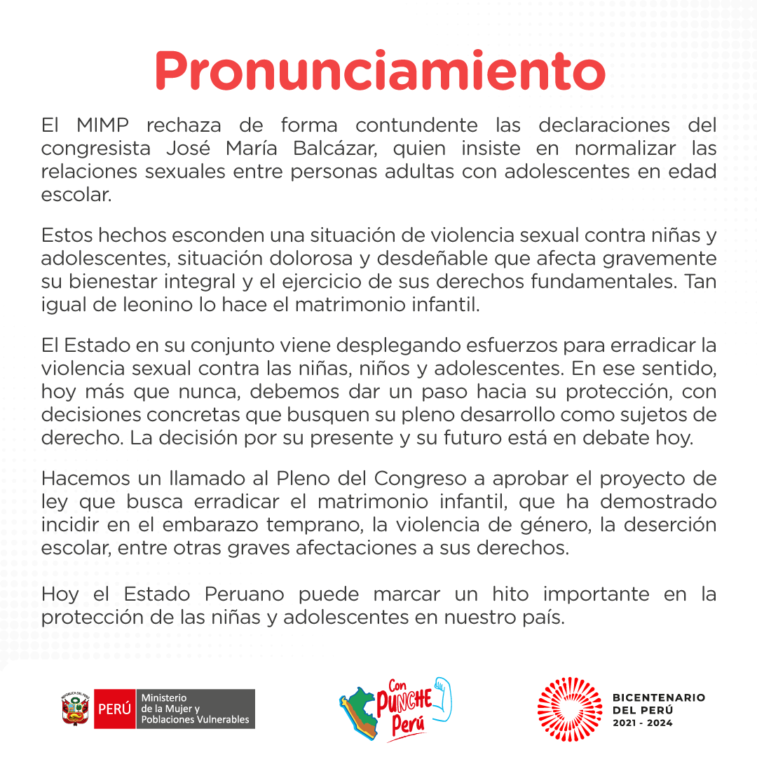 📌 Rechazamos de forma contundente las declaraciones del congresista José María Balcázar, quien insiste en normalizar las relaciones sexuales entre personas adultas con adolescentes en edad escolar.