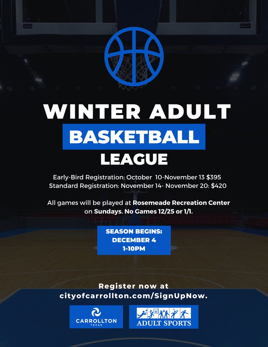 CarrolltonParks's tweet image. Join us for our Adult Basketball League this Winter❄️. If you are interested, sign up now. Early bird registration ends Nov 13, don&apos;t miss out! #lovethegame #ballislife🏀     #carrolltontx #adultleague  webtrac.cityofcarrollton.com/wbwsc/webtrac.…