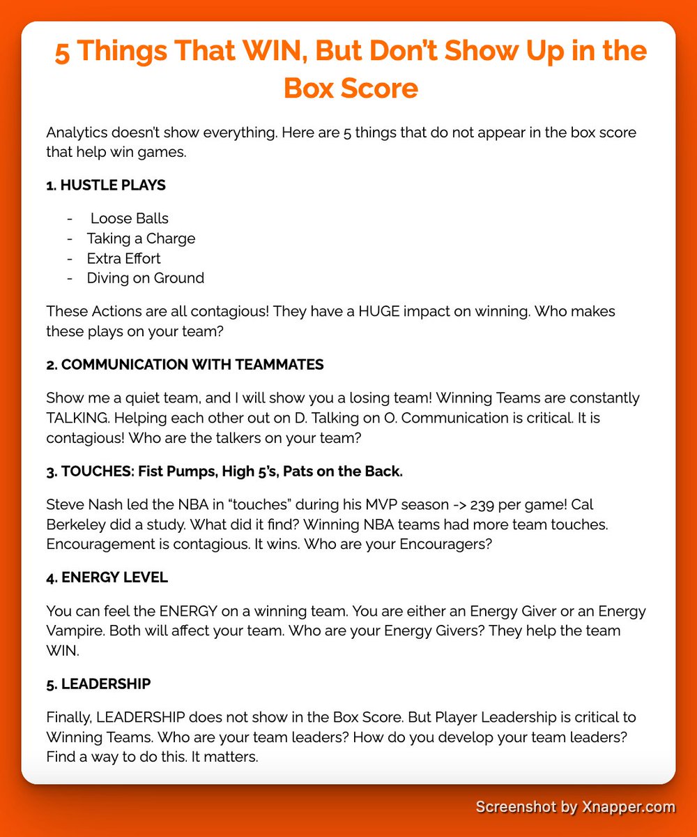 I Love Analytics.

But they do not show everything. 

Here are 5 Things that help teams WIN, but do not show up in the box score.