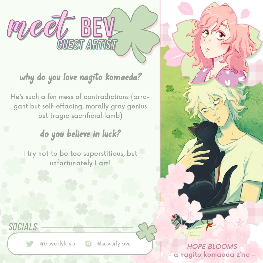 komaedazines's tweet photo. 🍀《 GUEST SPOTLIGHT: Bev 》🌸

Our next artist is Bev! Her dreamy art style and love for Komaeda show brightly through her work, and we can't wait to see what she'll bring to this zine!

✧ twitter - @beverlylove 
✧ instagram - beverlylove
✧ tumblr - bevsi https://t.co/Vy5NoRSxvP