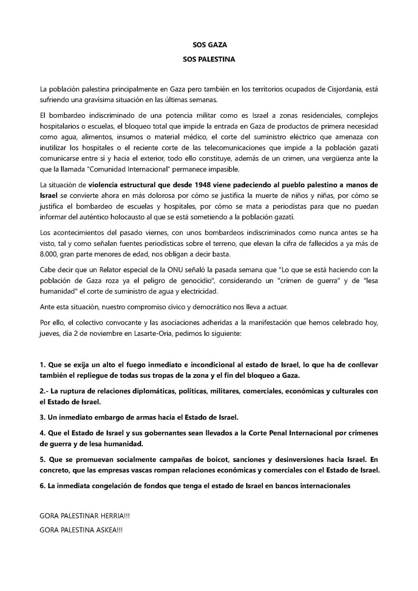 Gaur arratsaldean #LasarteOria-n 250 pertsona inguruko manifestazioa burutu dugu "Palestinako sarraskia gelditu - Israeldar kolonialismoari STOP" lemapean.  

Argazkia <a href="/isaacfotografia/">ℐ𝓈𝒶𝒶𝒸 ℱ𝒶𝓇𝓇ℯ́ ℱℴ𝓉ℴ́𝑔𝓇𝒶𝒻ℴ</a> 
Manifestua euskaraz eta gazteleraz👇