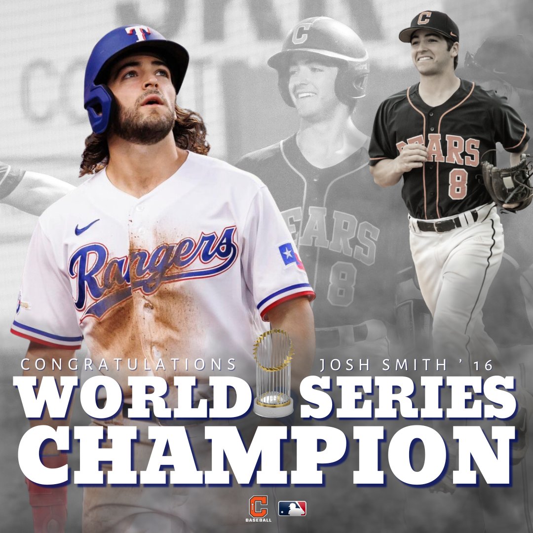 CHS_BR's tweet photo. Congratulations to CHS Baseball Alumnus Josh Smith ’16 and the Texas Rangers for securing the World Series Title against the Arizona Diamondbacks last night! Josh is the second Bear to win a world series title. Fun fact: David Dellucci ’91 won on the SAME FIELD in 2001. GO BEARS! https://t.co/1Ox3QwS4Zg