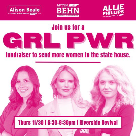 Join me, Representative @AftynBehn (HD51), & candidate @allie4tn (HD75) on 11/30 in Nashville for our GRL PWR fundraiser. 💖

Choose your support level, save the date, and help us send the message that women belong in the house. 😉 

Get your tickets here: bit.ly/grlpwrtn