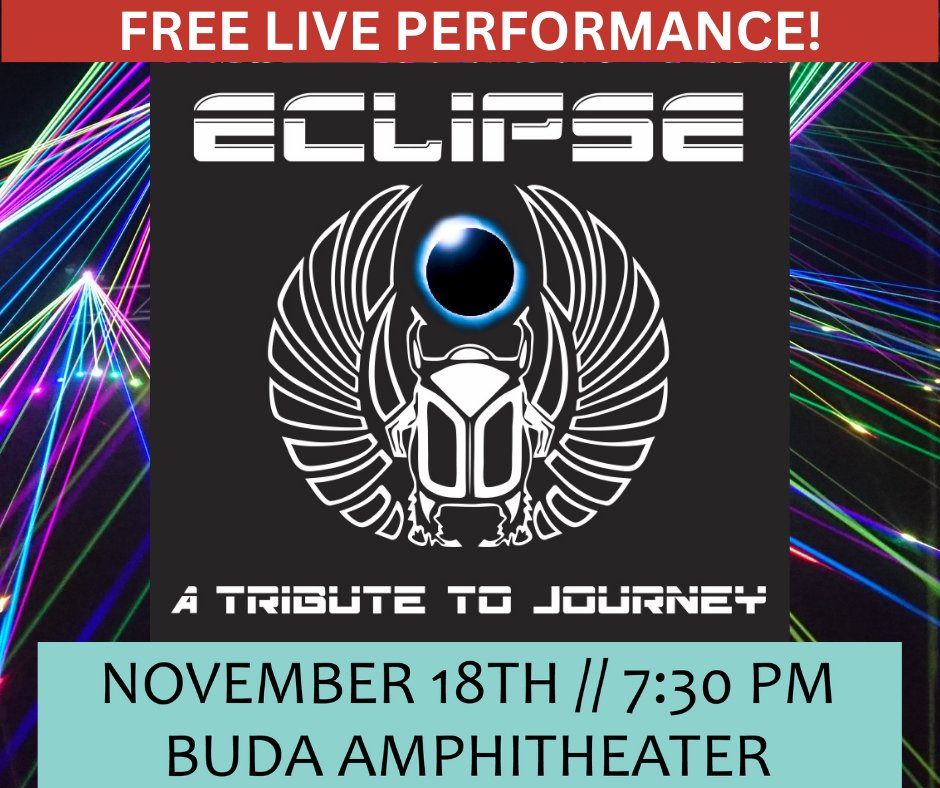CityofBudaTX's tweet photo. Don't stop believing in the Fall Concert Series!
The Journey tribute band Eclipse will ROCK the Buda Amphitheater on Saturday, Nov. 18, at 7:30 p.m.
Don't forget your friends, family, and a blanket or chair if you plan to sit instead of dance.
#BudaTX #BudaFun #FallConcertSeries https://t.co/V1EZ3UKztd