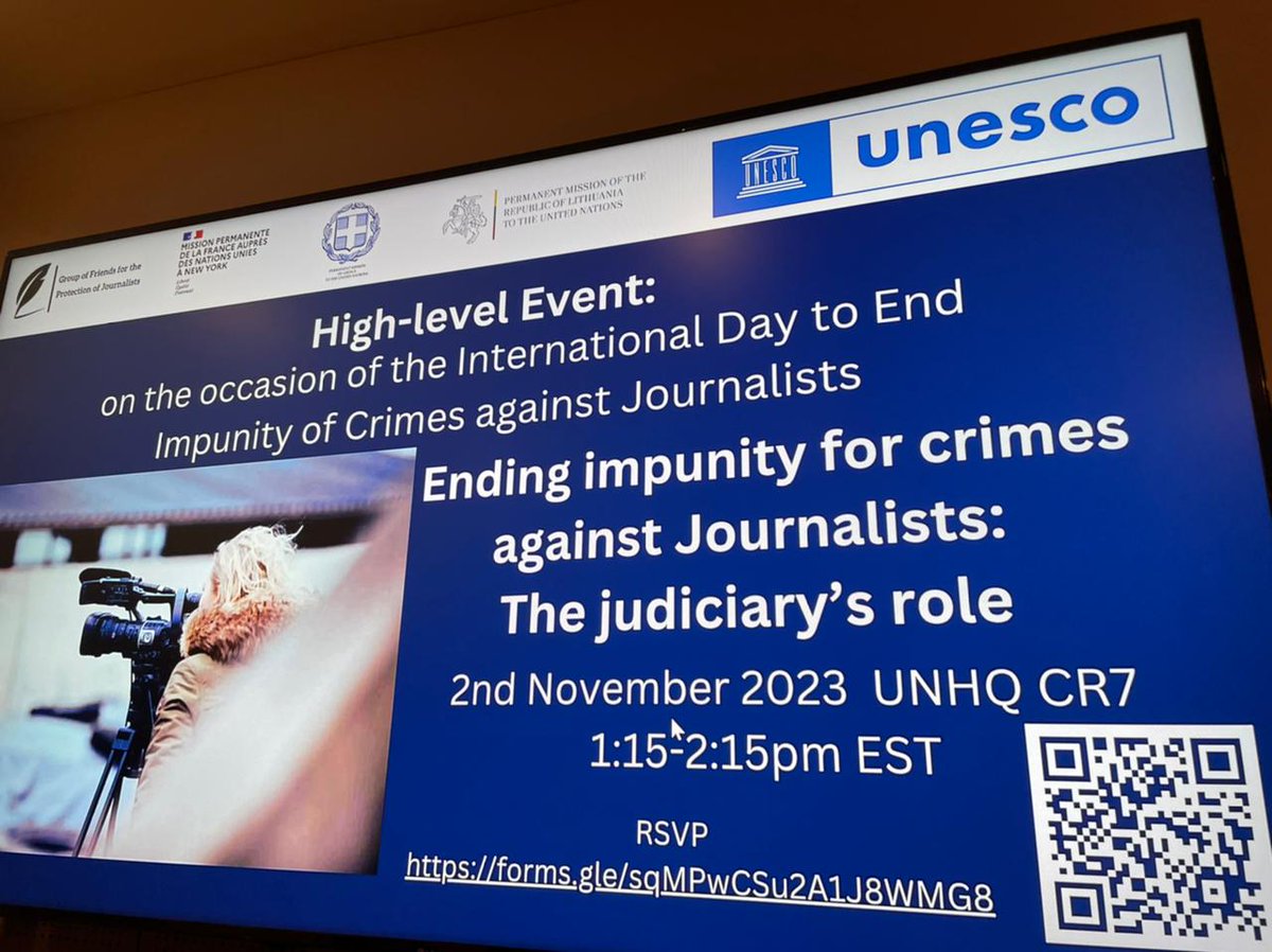GRUN_NY's tweet photo. #ProtectJournalists  
International Day to🛑End Impunity for Crimes against #Journalists
The #GoF for the #ProtectionofJournalists chaired by 🇬🇷🇫🇷🇱🇹  &amp; @UNESCO at today's special event highlighting the crucial role of the judiciary 
🙏🇺🇳🙏to all the Speakers &amp; Participants https://t.co/wr6Zoct4pM
