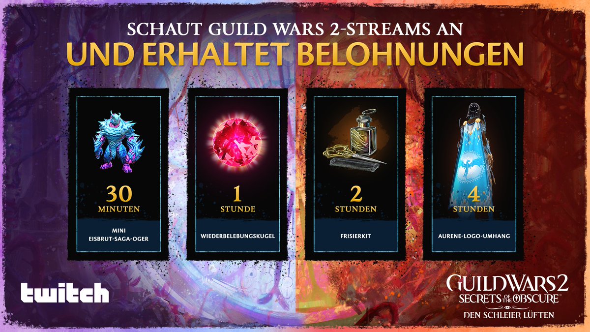 Wir feiern die Veröffentlichung von „Den Schleier lüften“ - dem ersten von drei großen Updates für #GuildWars2: Secrets of the Obscure nächste Woche mit <a href="/Twitch/">Twitch</a> Drops vom 7. bis 12.11.! Macht euch bereit und erstellt euren Account jetzt unter guildwars2.com/twitch-drops/