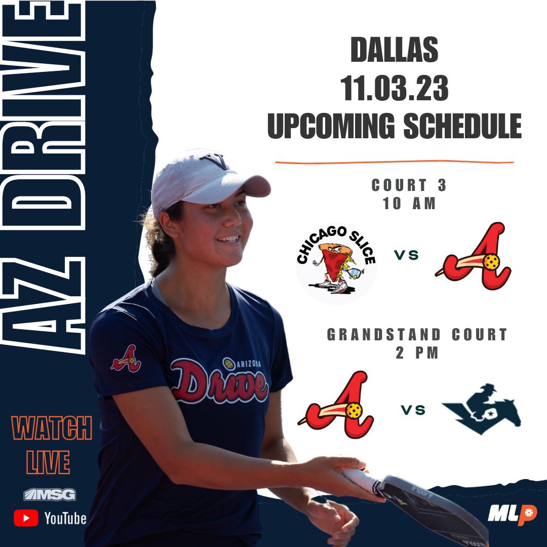 AZPickleball's tweet photo. Tune in tomorrow on @majorleaguepbโs @youtube channel and @msgnetworks to watch #AZDRIVE on the court live! ๐
10 am CT on Court 2 | AZ DRIVE vs. Chicago Slice
2 pm CT on Grandstand Court | Texas Ranchers vs. AZ DRIVE https://t.co/RMAjXW705M