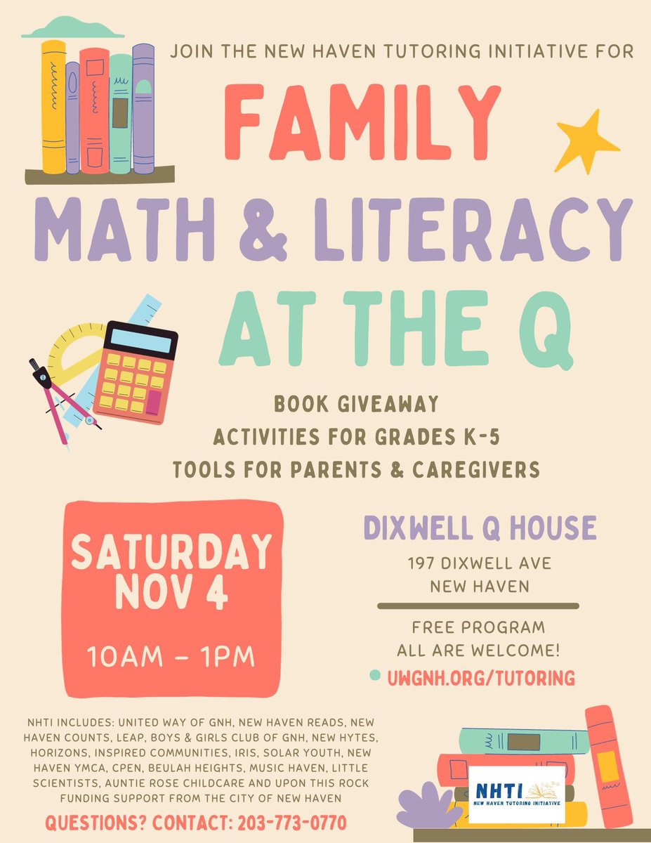 cityofnewhaven's tweet photo. This Sat, Nov 4th @ 10 am, the New Haven Tutoring Initiative will be hosting a free family math &amp; literacy event at the Dixwell Q House (197 Dixwell Avenue)! 

The event includes fun and meaningful learning activities for children in grades K to 5 &amp; a free book giveaway. 1/2 https://t.co/gnVrRprGA6
