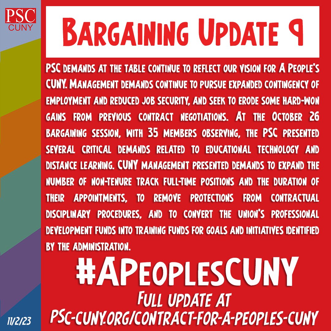 PSC_CUNY's tweet photo. 𝗕𝗮𝗿𝗴𝗮𝗶𝗻𝗶𝗻𝗴 𝗨𝗽𝗱𝗮𝘁𝗲 #𝟵
At the October 26 bargaining session, with 35 members observing, the PSC  presented several critical demands related to educational technology  and distance learning.

Read full update here: https://t.co/mqkcxuVncQ

Contract for #APeoplesCUNY https://t.co/Q0ExTHiUTu