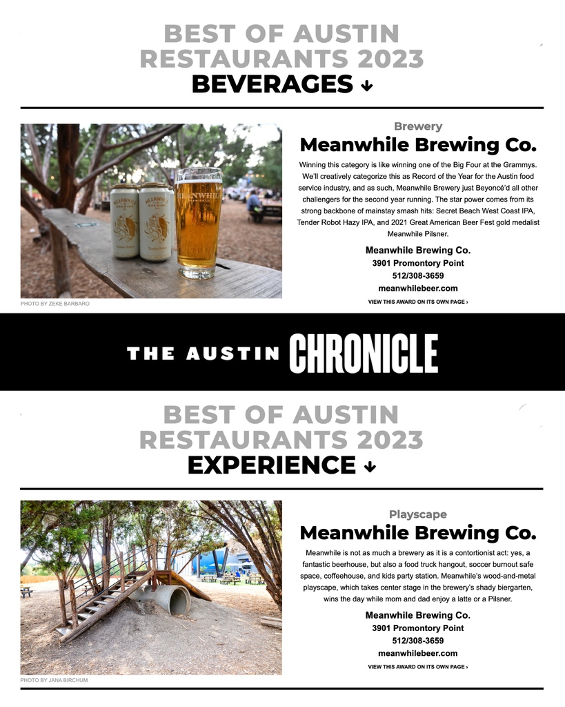 The best birthday present we could have asked for…
⁠
We’d like to extend a huge thanks to y'all who voted us “Best Brewery” &amp; “Best Playscape” in the Austin Chronicles “Best Of"s

Looking to celebrate with us,? Swing by the brewery this weekend for our 3-year b-day party! 🍻