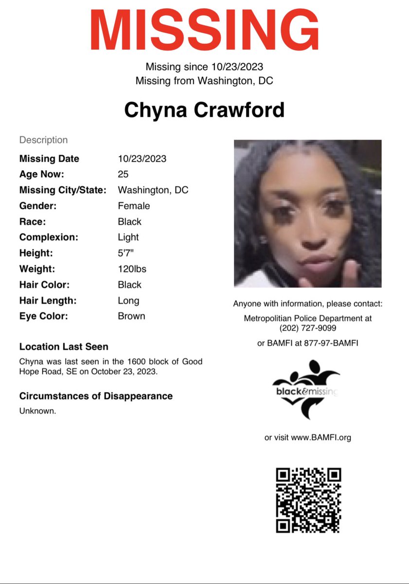 Washington, DC: 25y/o Chyna Crawford was last seen in the 1600 blk of Good Hope Rd SE on October 23rd. The circumstances of her disappearance are unknown. #HelpUsFindUs #ChynaCrawford