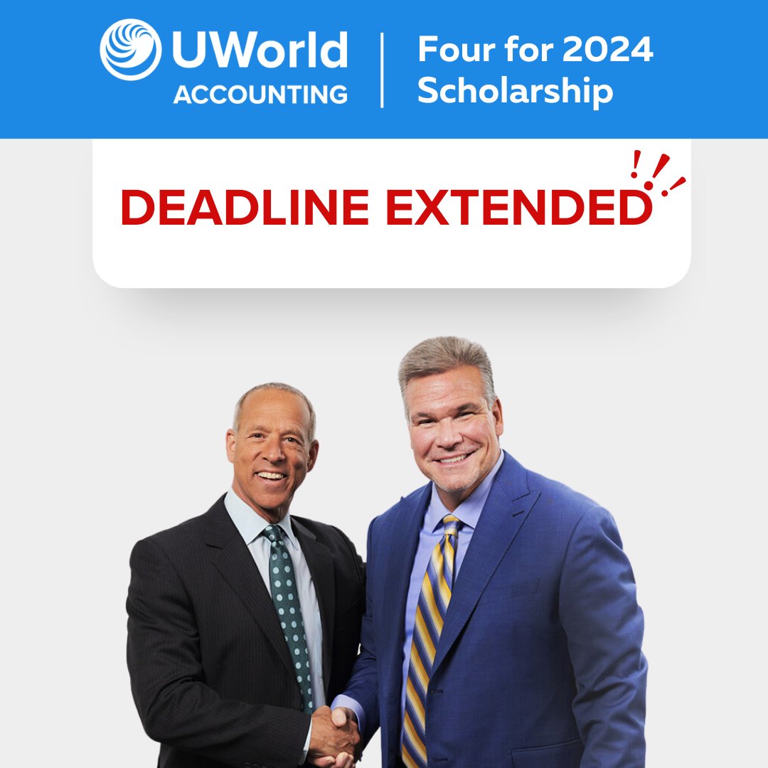 UWorldAcctng's tweet photo. Due to popular demand, the "Four for 2024" scholarship deadline has been extended to Friday, November 10th. Don't miss out on the chance to secure a full course and a day with the incredible Roger Philipp and Peter Olinto! https://t.co/mgXNLYMzQs https://t.co/V0i9NorQBi