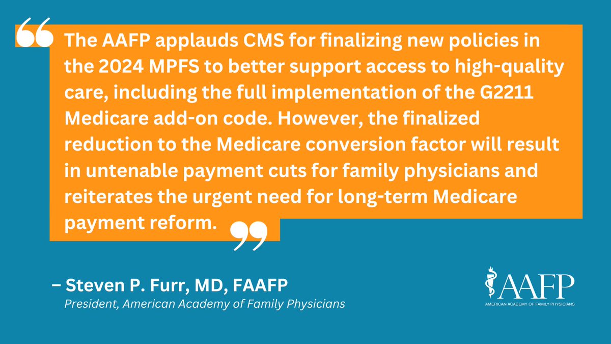 .<a href="/CMSGov/">CMSGov</a>’s 2024 #Medicare physician fee schedule final rule increases investment in primary care, but Congress must modernize Medicare’s outdated physician payment system to protect access to care for beneficiaries. Read #AAFP’s statement here: bit.ly/3QBXPTP