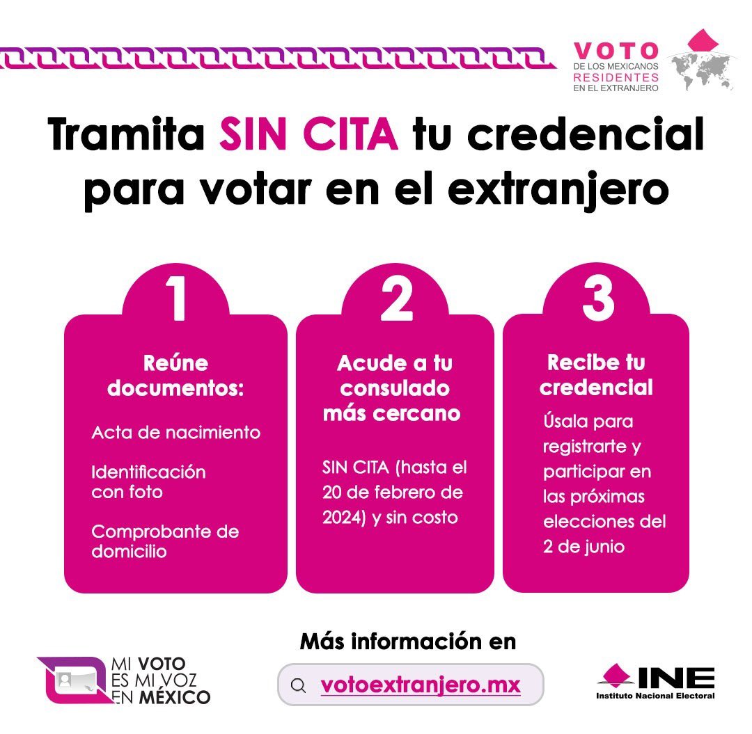 🌎 Si vives fuera de México, tramita SIN CITA tu Credencial para Votar y ejerce tu #VotoExtranjero en las #Elecciones2024MX. 🗳️

➡️ votoextranjero.mx