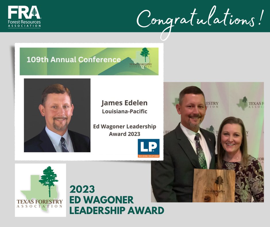Congratulations, <a href="/lpcorp/">LP Building Solutions</a>’s James Edelen, LP Carthage’s Natural Resources Manager, who was awarded the Ed Wagoner Leadership Award by <a href="/texasforestry/">Texas Forestry Assoc</a>! Honoring his high level of involvement and #leadership within TFA and his contributions to advancing sustainable #forestry.