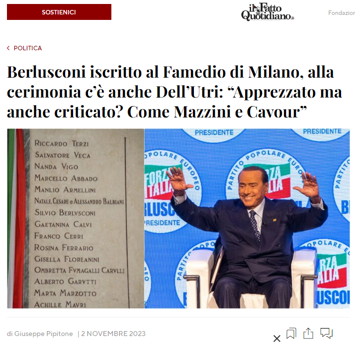 Misurelli77's tweet photo. Da oggi il nome di un pregiudicato è ufficialmente tra coloro che hanno reso illustre Milano

Berlusconi sarà accomunato a Giuseppe Mazzini,  Cavour,Gino Strada,Dario Fo e tanti altri.

Un Paese senza vergogna che ha messo la morale e l'etica pubblica sotto la suola delle scarpe https://t.co/fX4XsMUs9u