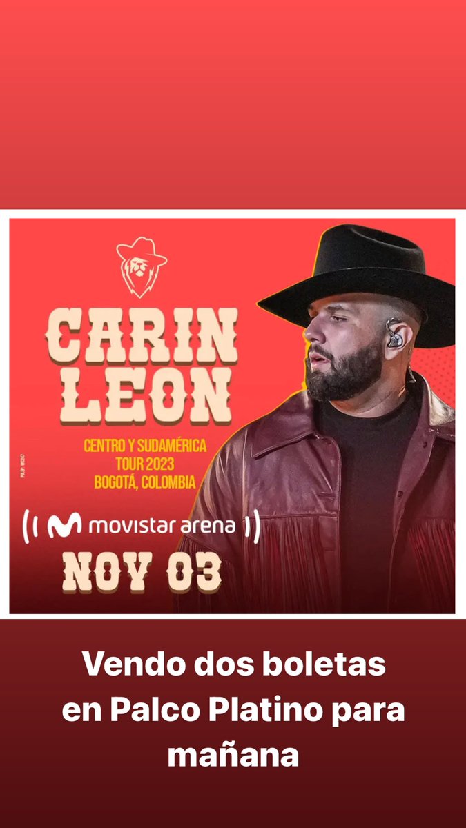 TattaLeon's tweet photo. Hola, estoy vendiendo dos boletas en Palco platino para Carin Leon por si a alguien le interesa 👍🏻
Gracias https://t.co/qQp4j7nw9Q