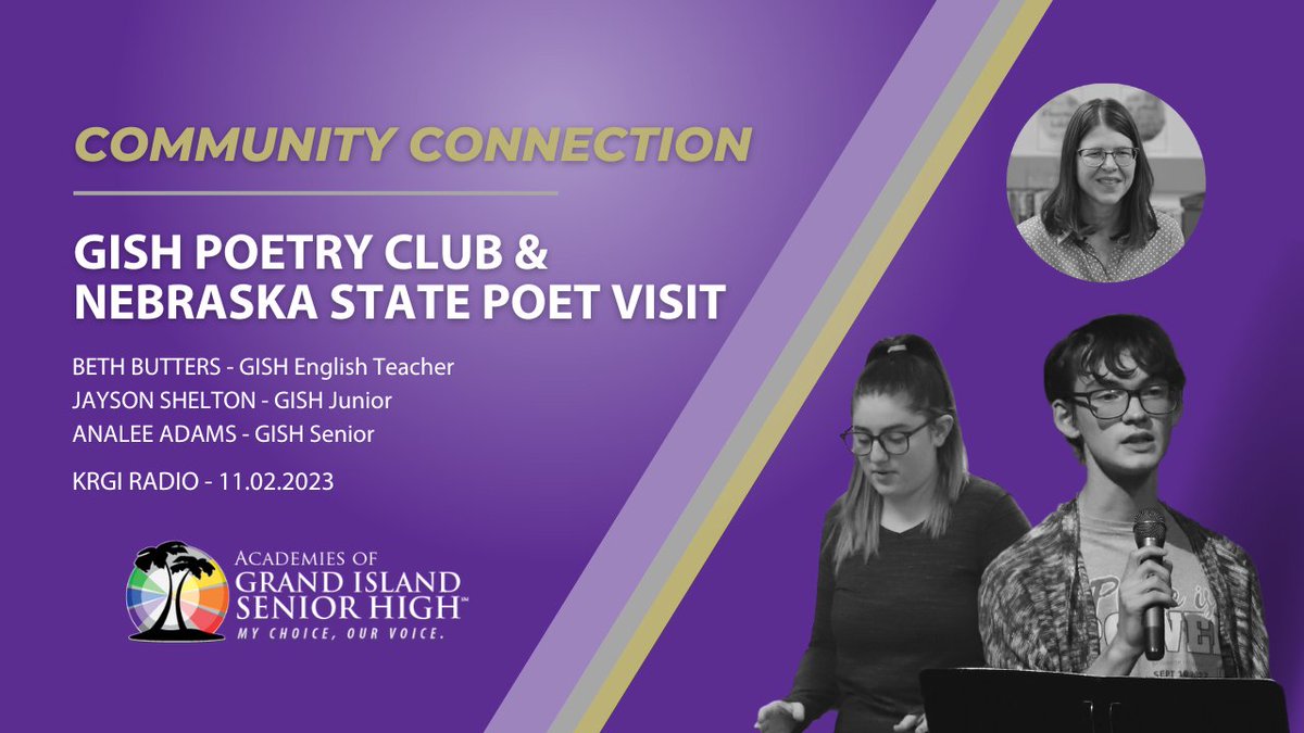 GISH_Islanders's tweet photo. GISH Poetry Club has cool things coming this year!

Mrs. Butters, Jayson, &amp; Analee stopped by @KRGINews to share about the Nebraska State Poet, Matt Mason, visiting GISH next week.

Catch the full interview at the link below.

📺️ - https://t.co/Xd1WipMdrd

#WearPurpleBeGold https://t.co/wFp27zdUUx