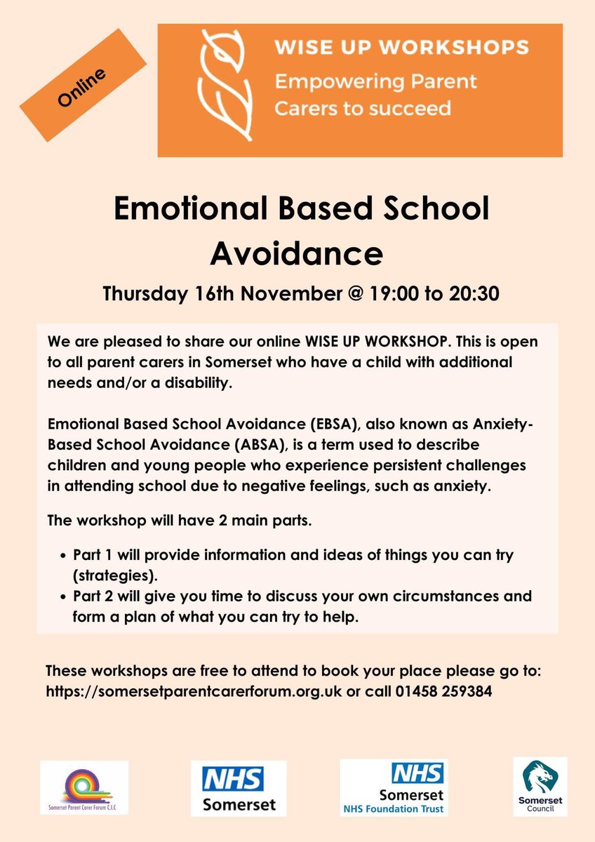 An online workshop to help with EBSA/ABSA. Open to all parents/carers in Somerset. 
#EBSA #ABSA #mentalhealthmatters #somerset #onlinesupport