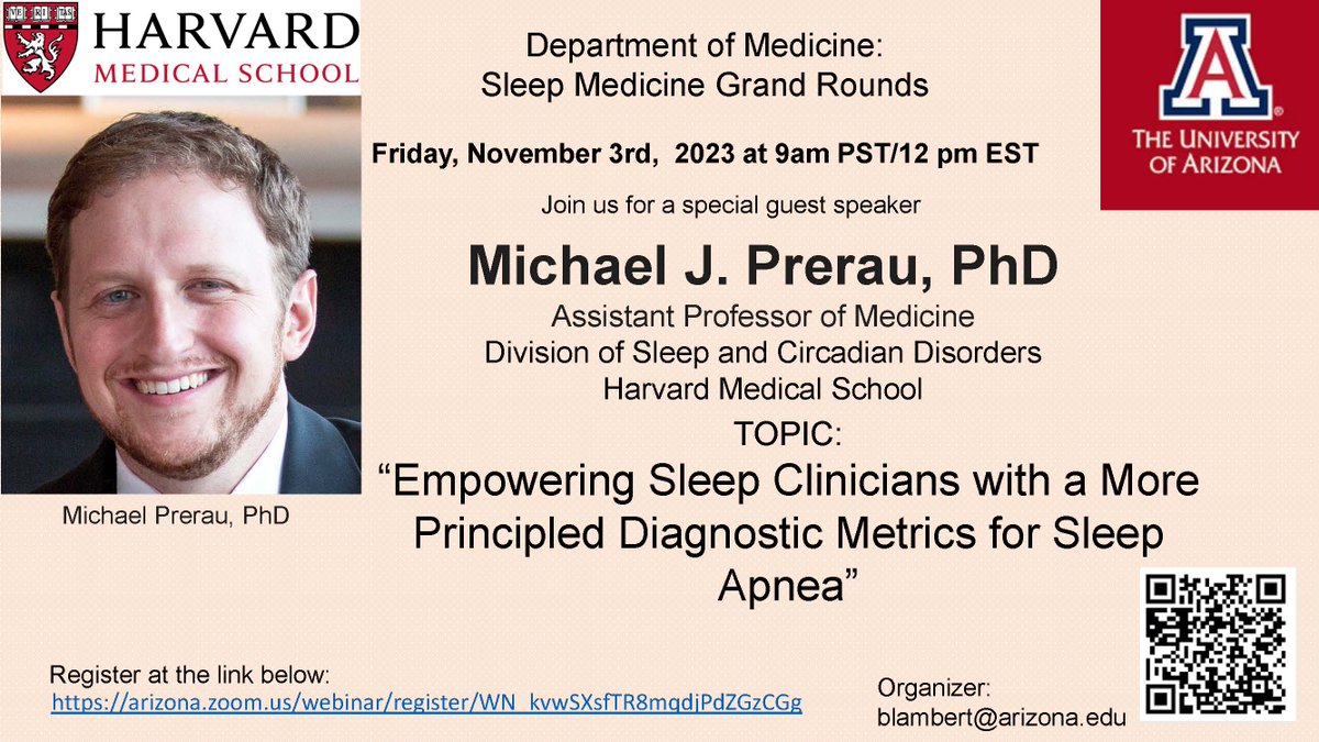 UAZTucsonSleep (@sleepuaz) on Twitter photo JOIN US! As we start our guest speaker series with Dr. Michael Prerau at the University of Arizona -Tucson, Sleep Medicine Grand Rounds on Friday, 11/03/23 at 9am PST (AZ time)/12pm EST.
<a href="/sai_sparthamd/">Sai Parthasarathy, MD</a> <a href="/saif_mashaqi/">Saif Mashaqi</a> <a href="/salmapatelMD/">Dr. Salma Patel</a>
Register at this link: arizona.zoom.us/webinar/regist… JOIN US! As we start our guest speaker series with Dr. Michael Prerau at the University of Arizona -Tucson, Sleep Medicine Grand Rounds on Friday, 11/03/23 at 9am PST (AZ time)/12pm EST.
<a href="/sai_sparthamd/">Sai Parthasarathy, MD</a> <a href="/saif_mashaqi/">Saif Mashaqi</a> <a href="/salmapatelMD/">Dr. Salma Patel</a>
Register at this link: arizona.zoom.us/webinar/regist…