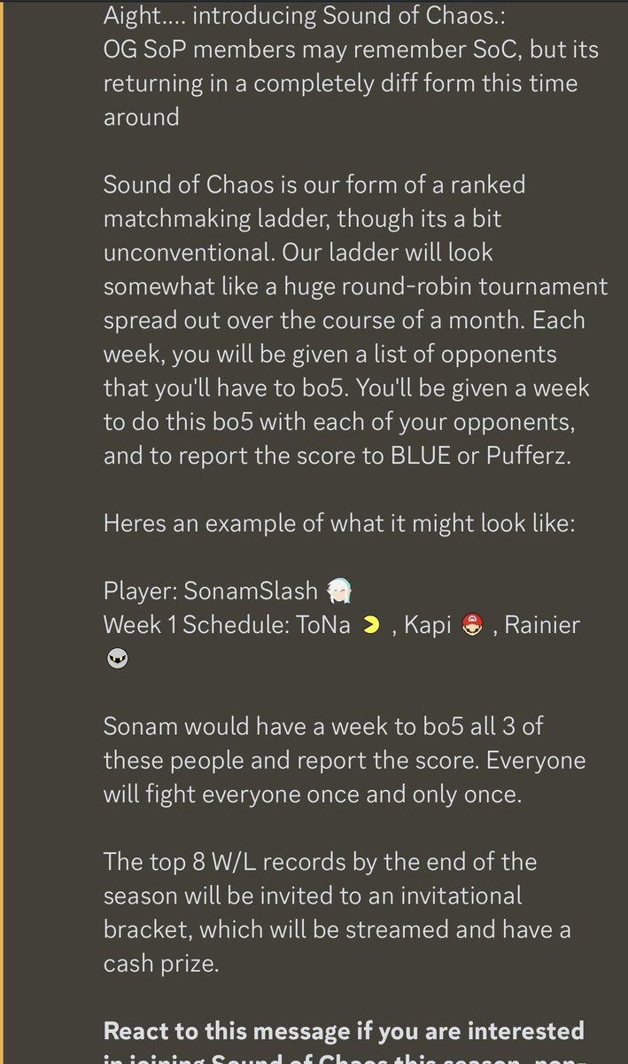 Sound of Chaos returns in a new form. 

discord.gg/D7QhvnuA

If you’re interested in participating in our ranked season (non members are allowed to play!)