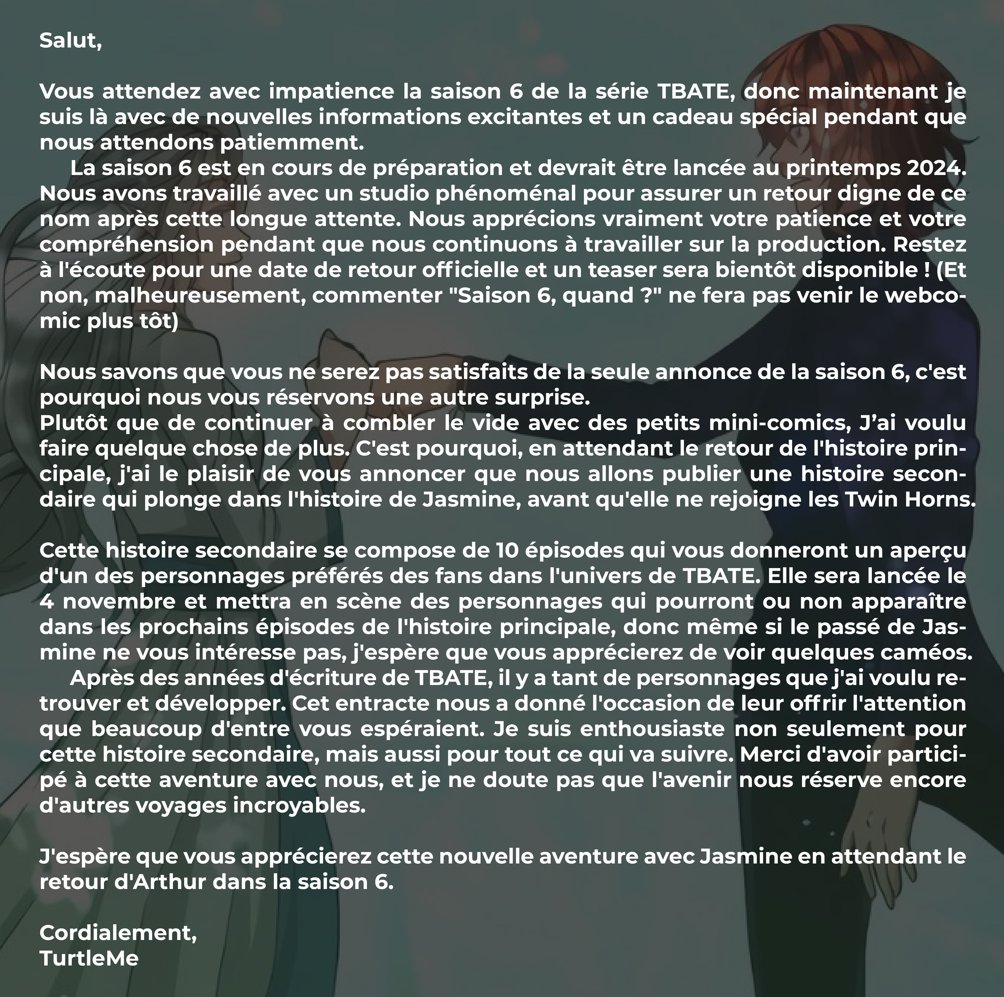 TbateFR's tweet image. Message traduit de Turtlme pour le retour de la saison 6 de TBATE :