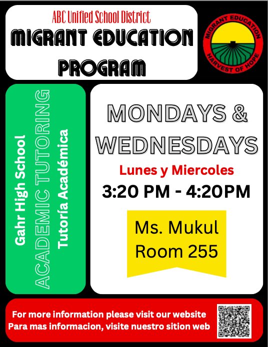 mep_abcusd's tweet image. El Programa de Educación Migrantes ofrece tutoría en nuestra oficina, la escuela secundaria Fedde, Gahr y Artesia. Consulte nuestros folletos para días y horarios.
También puede llamar a las reclutadoras del programa para más información .