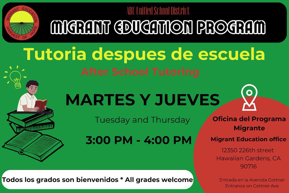 mep_abcusd's tweet image. El Programa de Educación Migrantes ofrece tutoría en nuestra oficina, la escuela secundaria Fedde, Gahr y Artesia. Consulte nuestros folletos para días y horarios.
También puede llamar a las reclutadoras del programa para más información .