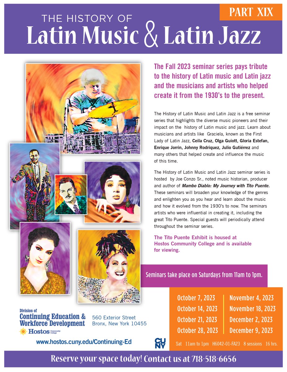 Celebrate and learn about Latin jazz and Latin music in our webinar series hosted by Joe Conzo Sr 💃🎷🎶

Contact us at 718-518-6656 to register!

#hostoscc #hostosconted #cuny #latinhistory #latinmusic #webinar