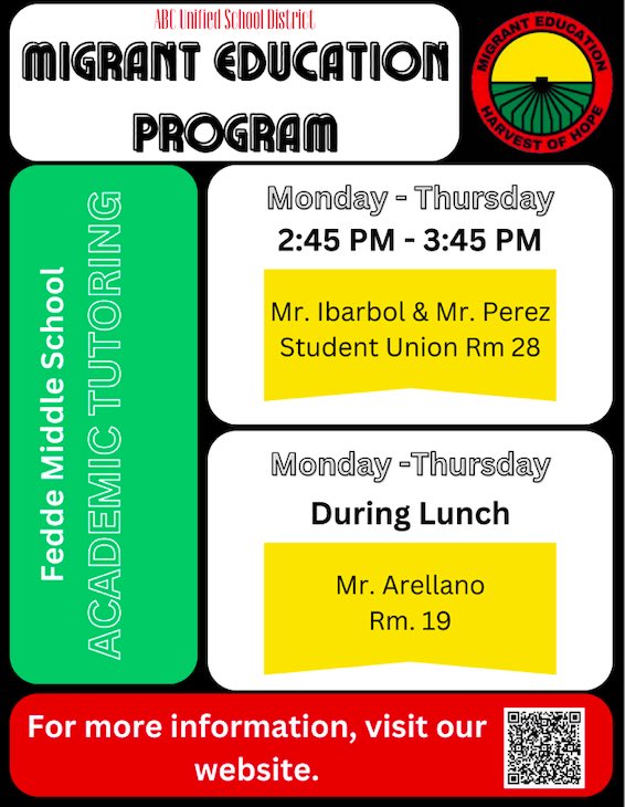 mep_abcusd's tweet image. The Migrant Education Program offers tutoring at our offices, Fedde Middle school, Gahr and Artesia High school. Please see our flyers for details.