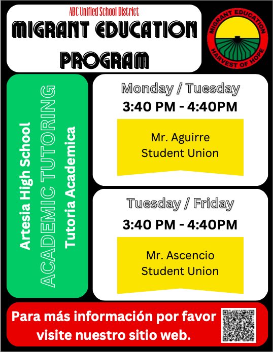 mep_abcusd's tweet image. The Migrant Education Program offers tutoring at our offices, Fedde Middle school, Gahr and Artesia High school. Please see our flyers for details.