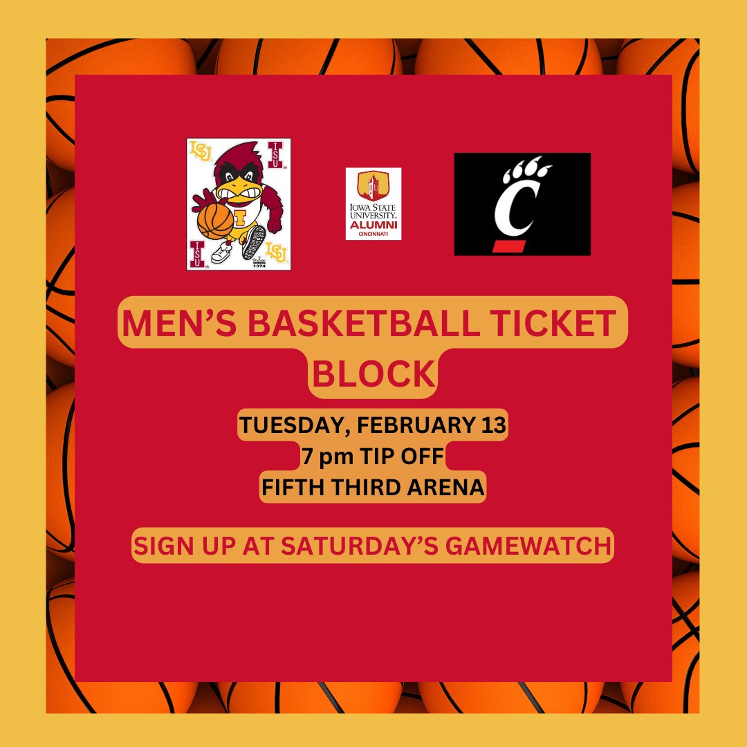 ISUAlumsofCincy's tweet photo. 🚨#CinCY ticket block for the UC Game is here🚨

$40/seat.  40 seat 🌪️🌪️ block.

Head for a Saturday gamewatch at @BWRkm or @rhinehausotr to get signed up.  We'll post information on social media next week if there are seats remaining.

🌪️🏀🌪️#HiltonEast #CyclonesEverywhere https://t.co/O8MJfcRarB