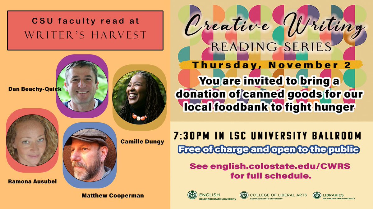 Join us this evening, Nov. 2, at 7:30 p.m. in the LSC University Ballroom for the Writer’s Harvest. Each year, the Creative Writing Reading Series invites distinguished CSU English faculty to read from their own creative work.⁠ ⁠⁠ col.st/gdM8t