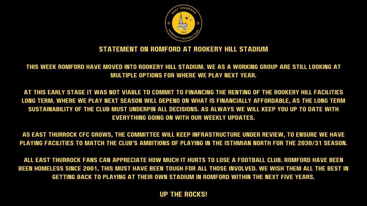 Statement on Romford At Rookery Hill Stadium