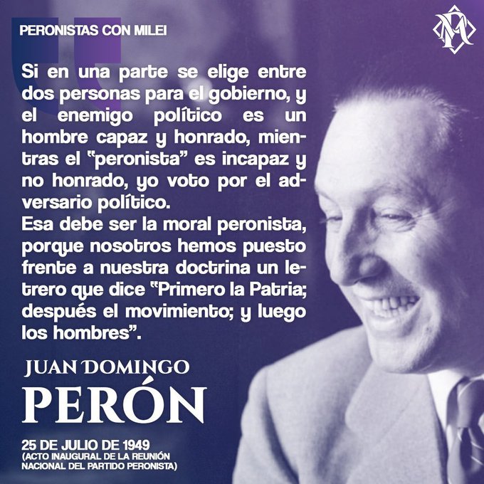 📢Para los peronistas!!!
No lo digo yo, lo dice Perón, primero esta la patria.
Un gobierno que hambrea al pueblo no es peronista.

#MileiPresidente