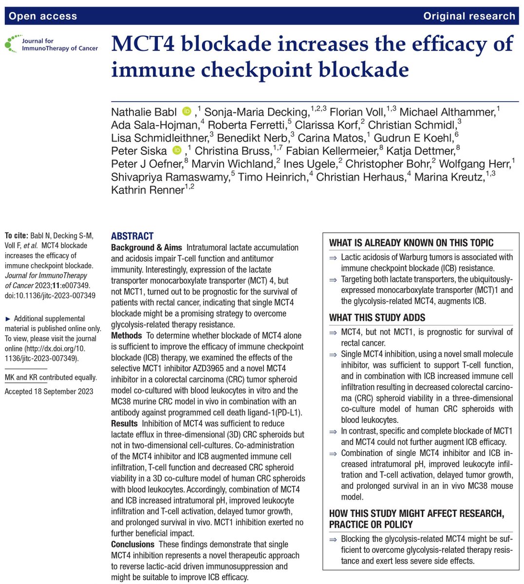 jitcancer's tweet photo. Let’s look closer at recent #JITC article “MCT4 Blockade Increases the Efficacy of Immune Checkpoint Blockade” by @BablNathalie, Sonja-Maria Decking, @MarinaKreutz &amp; Kathrin Renner at the University Hospital Regensburg. 1/7 https://t.co/07ywruHkfj