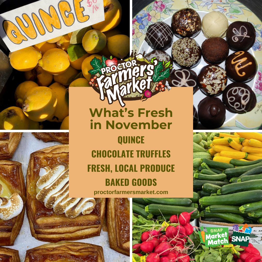 ProctorFmMkt's tweet photo. As  we move into November, the days might be chilly, but our Market Vendors  are out every Saturday 9AM-2PM, rain or shine, to bring you the  freshest, locally grown produce and artisan foods that aren't mass  produced but hand-crafted in low quantities:

https://t.co/YMMJ6hw5ak https://t.co/oS0L43oKxR