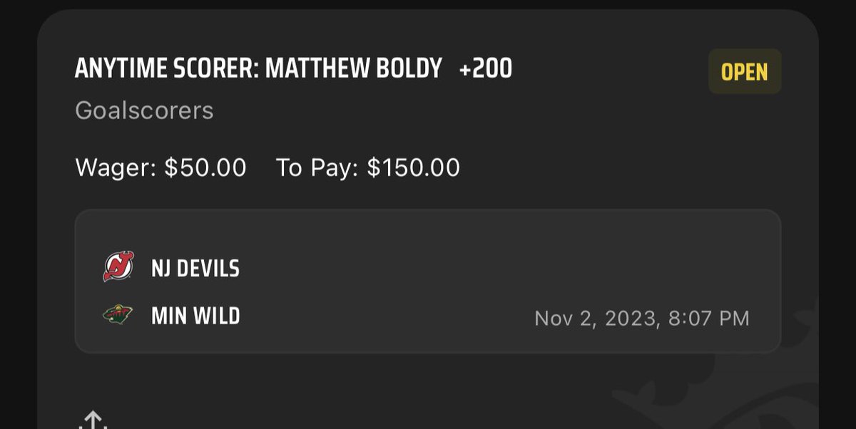 NHLPropKing's tweet photo. I don’t run too many goal scorer plays, but I love this one tonight

Matt Boldy +200 ATGS

Boldy returns tonight from a couple weeks off and jumps back on the line with Eriksson Ek and Johansson. This line has generated 3.1 expected goals per 60 mins at 5-on-5 since last season. I’ll take a shot tonight

Also sprinkling on Boldy first goal scorer at +1200

#GamblingX #NHLPicks #mnwild