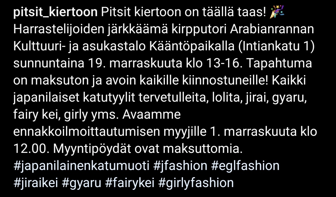 faderica's tweet photo. Yhteisön hyväksi mainostelen: bongasin Instasta Pitsit kiertoon -tapahtuman, eli kirppiksen j-muodille 19.11. Arabianrannassa! 💕 Pöytiä on atm enää tyyliin yks jäljellä, mutta ite meen kattoo tarjontaa 👀✨ https://t.co/0BCzH2oZ6W