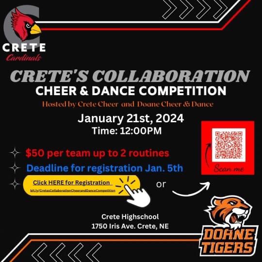 CreteCheer's tweet image. There is still time to register for our Crete Collaboration Cheer and Dance Competition! 
Register here: forms.gle/rEC1U1TSFkpx6g…
-Trained Cheer and Dance Judges
-Dance Off Contest 
-Giveaways
-Meet and Greet with the Doane University Cheer and Dance Team and Coaches 
-and more!!
