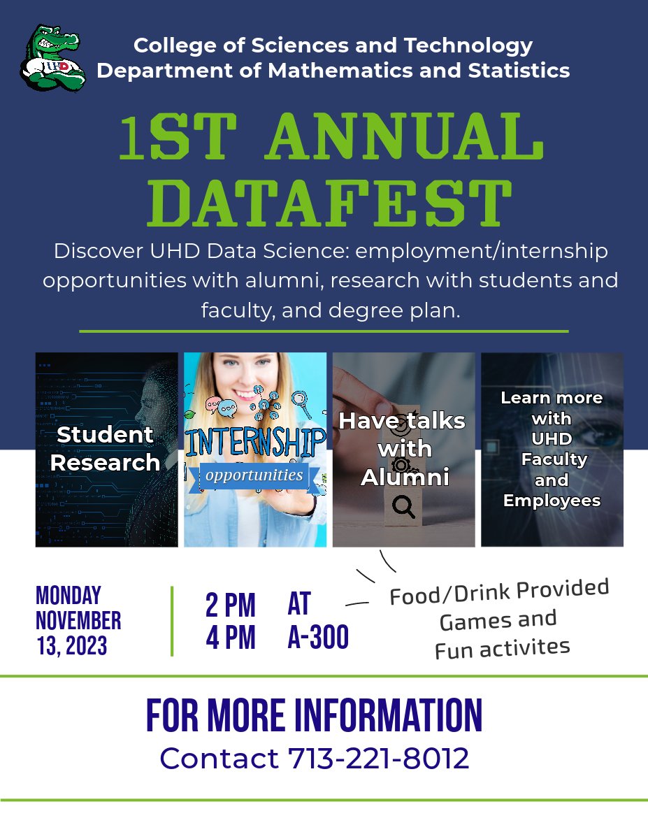 UHDcst's tweet image. Mark your calendars! We&apos;re thrilled to announce the first-ever Datafest, where students, alumni, and faculty help you discover everything about UHD Data Science.

Date: Monday, November 13, 2023 
From 2:00 -  4:00 PM
Location: A-300

#Datafest2023 #DataInnovation #SaveTheDate