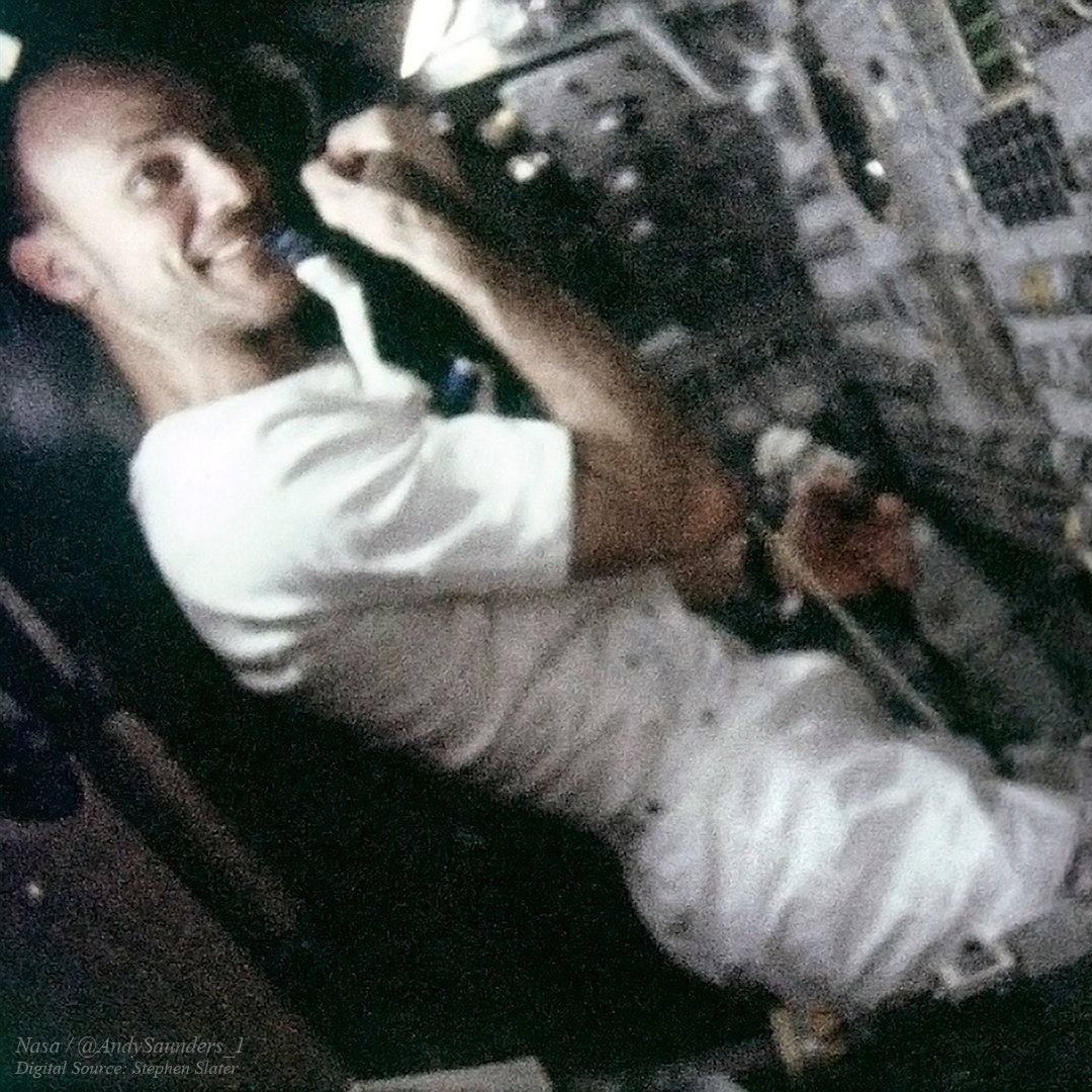 Very sorry to hear today of the passing of Apollo 16's Ken Mattingly. 
One of the least captured on film, here he is during the mission. It's not great, sadly, but about the best we have.