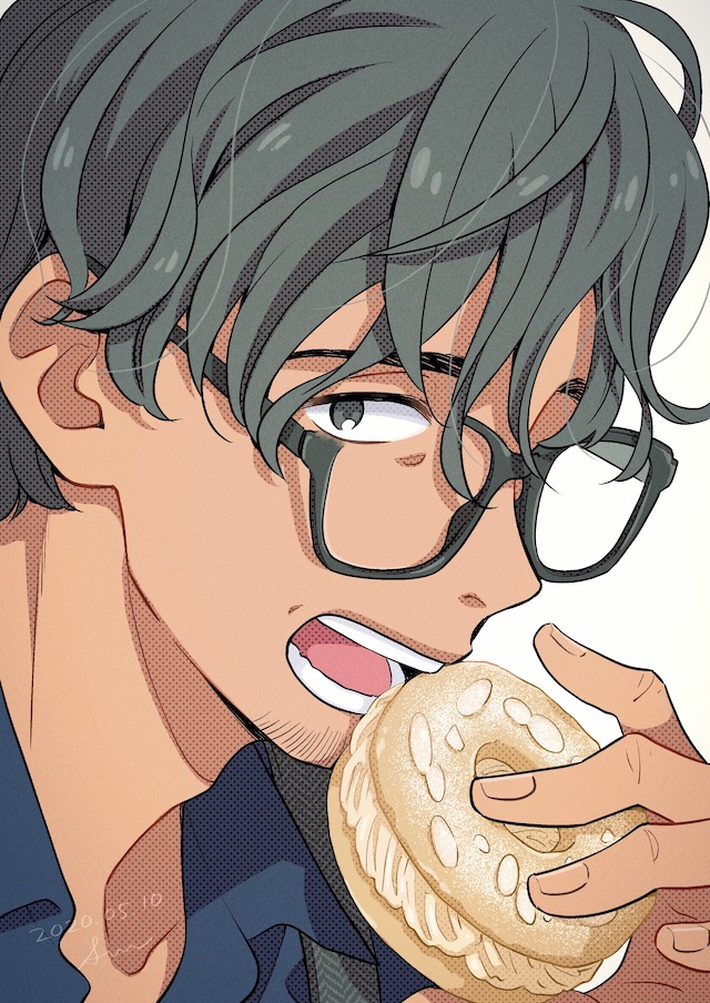 male focus 1boy glasses solo food holding food shirt  illustration images